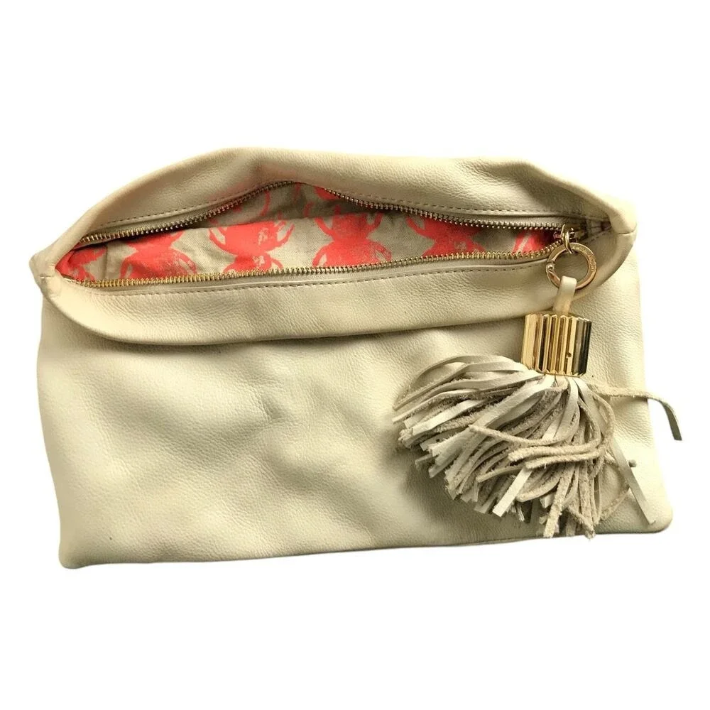 India Hicks Clutch Women OS‎ Cream Leather Foldover Beetle Print Tassel Bag